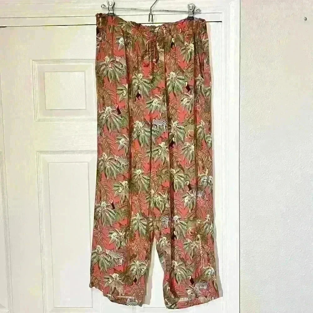 Jane and Delancey Tropical Print Straight Leg Pants - Green and Red